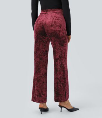 Pantalon Casual en Velours Taille Haute avec Bouton Multipoches Droites