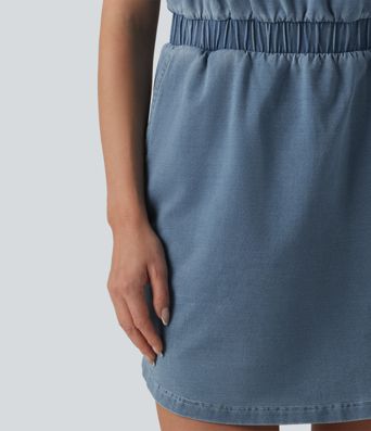Halara Flex™ Denim Mini-Freizeitkleid mit Rundhalsausschnitt, ärmellos, abgerundetem Saum und Taschen