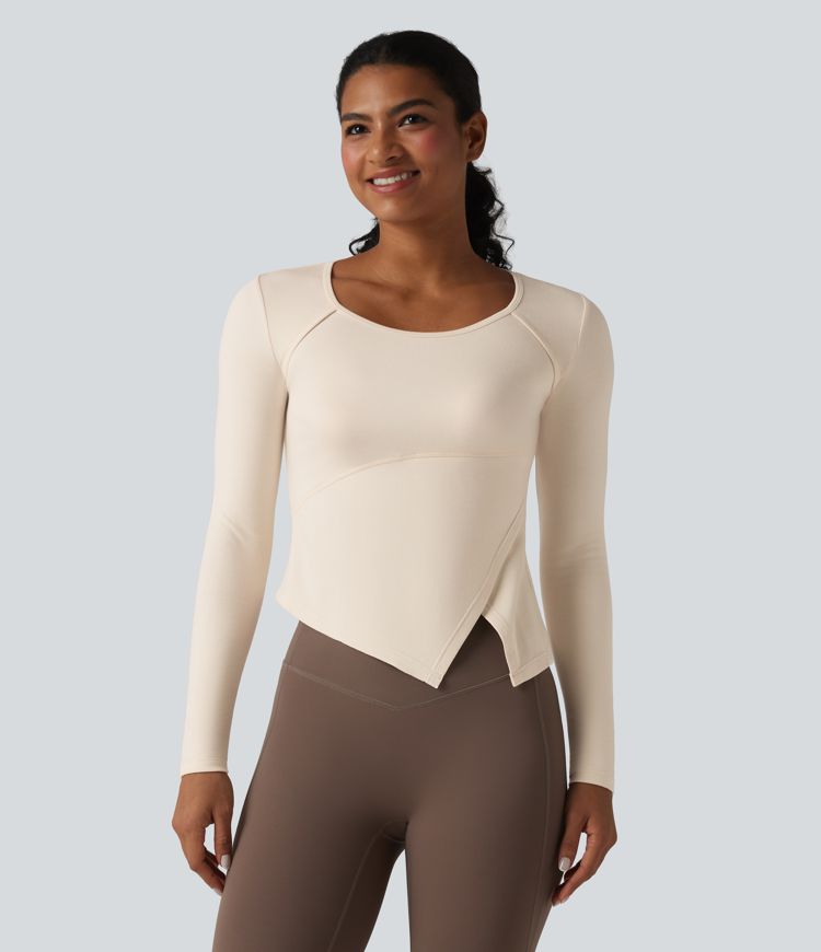 Halara HeatCore Round Neck Long Sleeve Asymmetric Hem Workout Warming Top