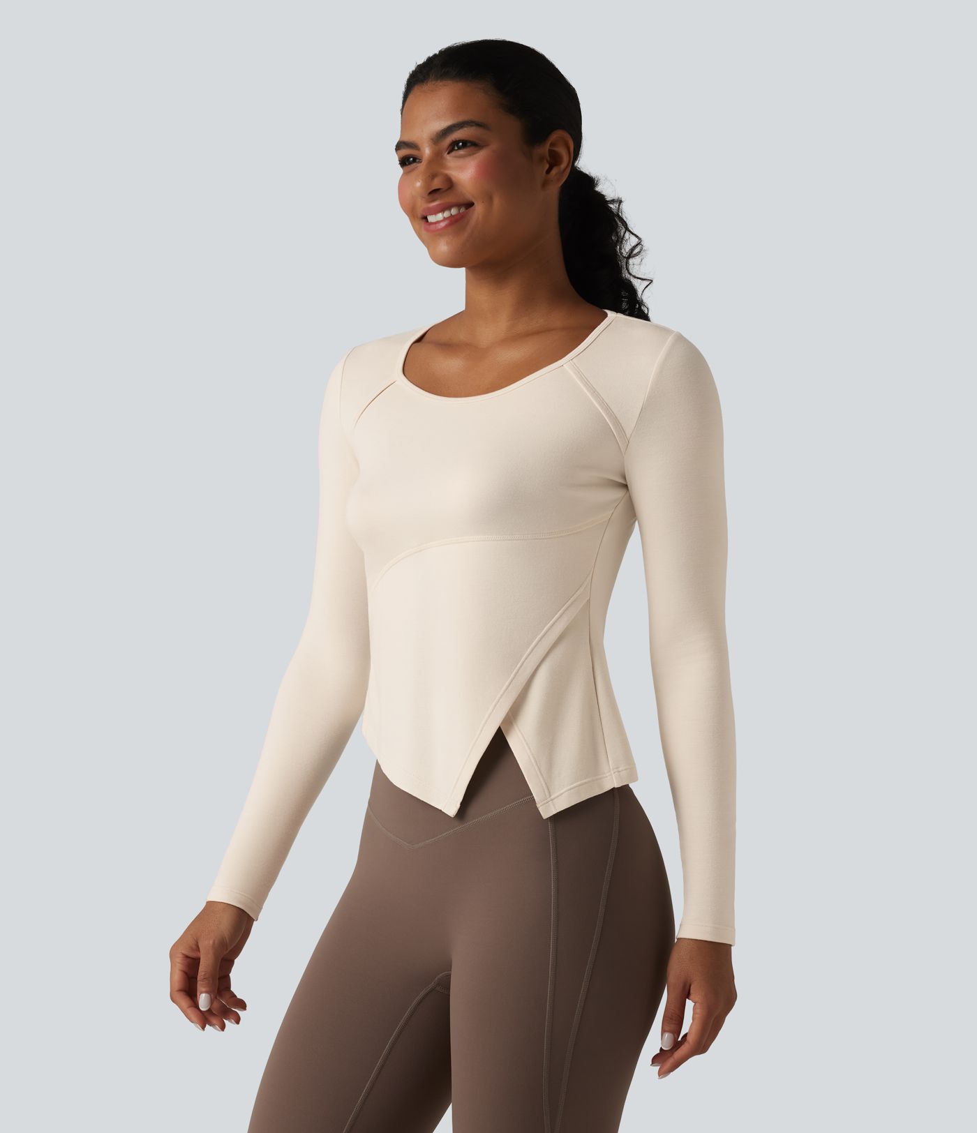 Halara HeatCore Round Neck Long Sleeve Asymmetric Hem Workout Warming Top
