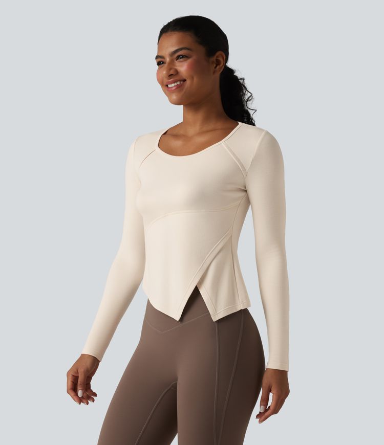 Halara HeatCore Round Neck Long Sleeve Asymmetric Hem Workout Warming Top