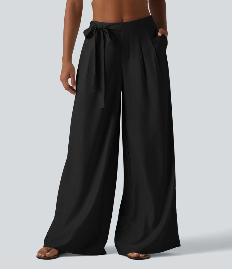 High Waisted Tie Side Baggy Linen-Blend Pants with Pockets