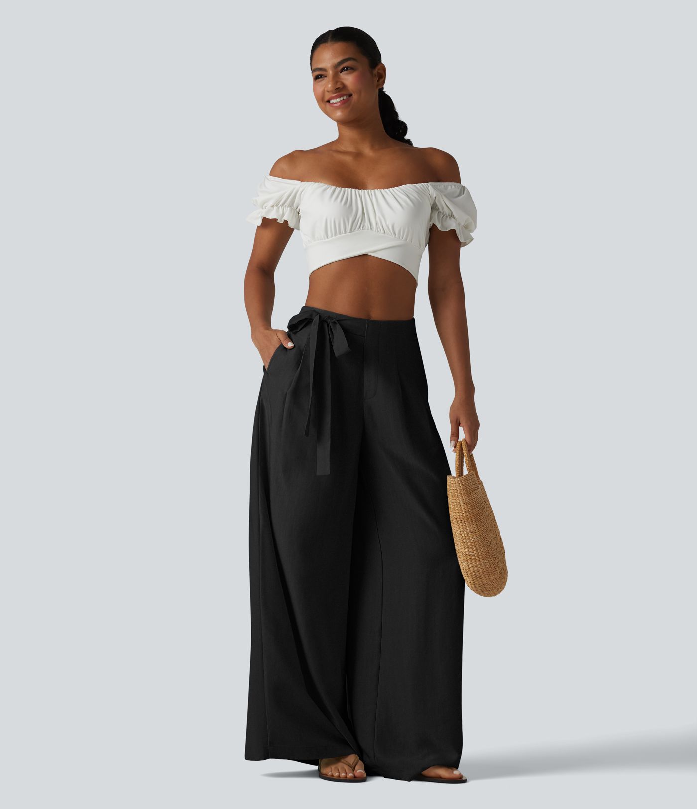 High Waisted Tie Side Baggy Linen-Blend Pants with Pockets
