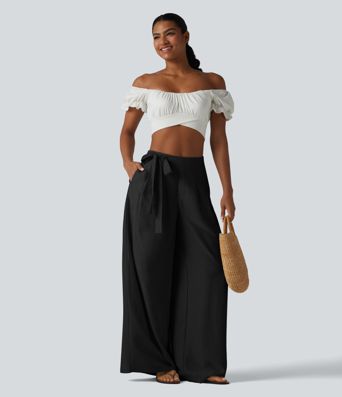 High Waisted Tie Side Baggy Linen-Blend Pants with Pockets
