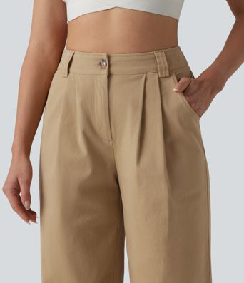 High Waisted Pleated Straight Leg Casual Chino Cotton Pants with Pockets