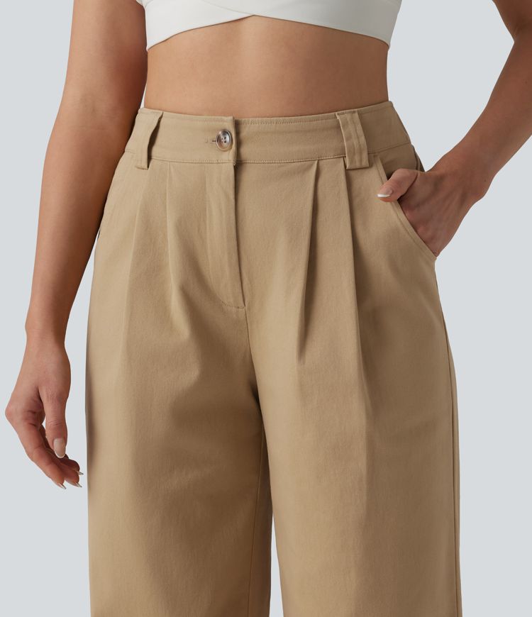 High Waisted Pleated Straight Leg Casual Chino Cotton Pants with Pockets