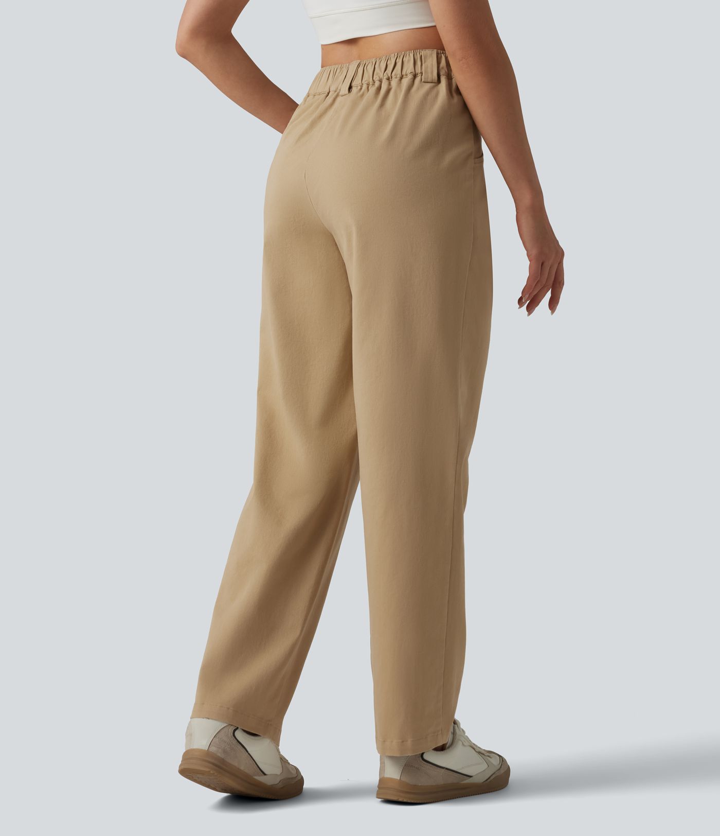 High Waisted Pleated Straight Leg Casual Chino Cotton Pants with Pockets