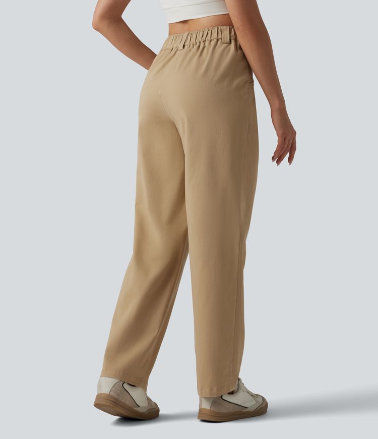 High Waisted Pleated Straight Leg Casual Chino Cotton Pants with Pockets