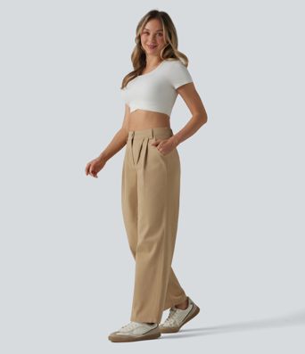 High Waisted Pleated Straight Leg Casual Chino Cotton Pants with Pockets