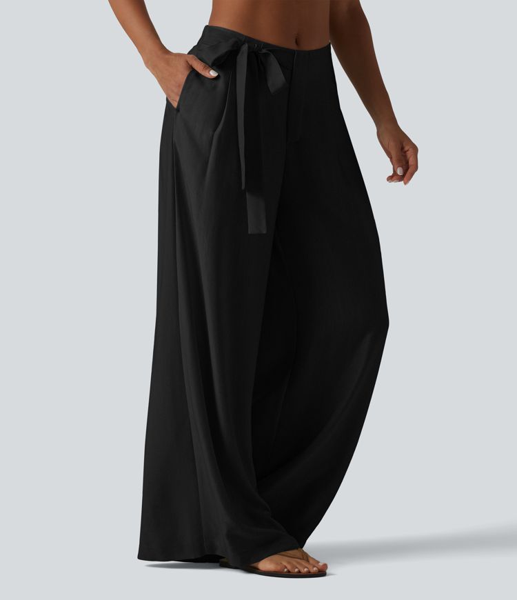 High Waisted Tie Side Baggy Linen-Blend Pants with Pockets