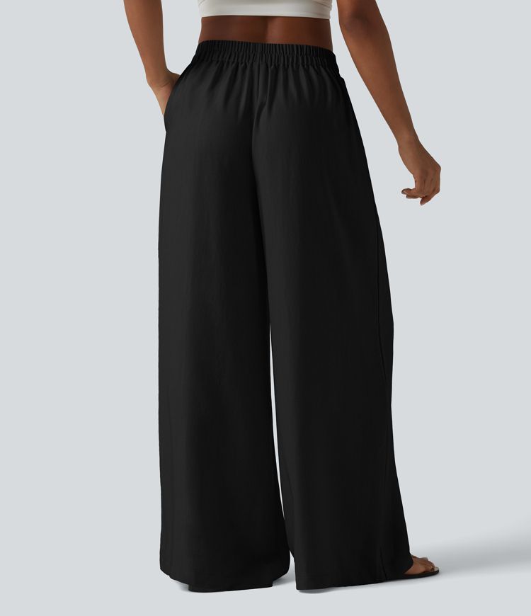 High Waisted Tie Side Baggy Linen-Blend Pants with Pockets