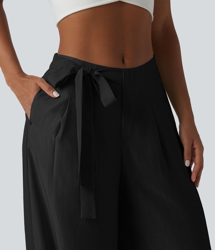 High Waisted Tie Side Baggy Linen-Blend Pants with Pockets