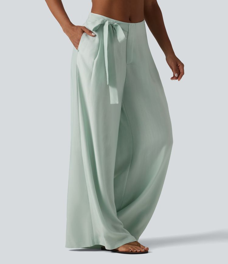 High Waisted Tie Side Baggy Linen-Blend Pants with Pockets