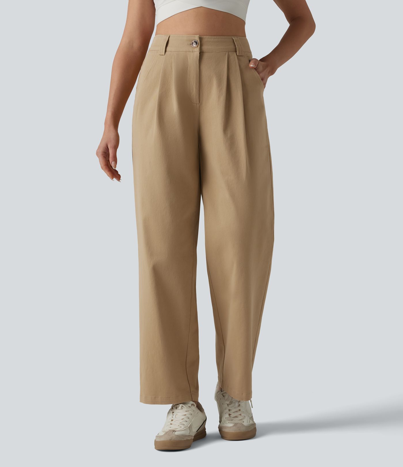 High Waisted Pleated Straight Leg Casual Chino Cotton Pants with Pockets