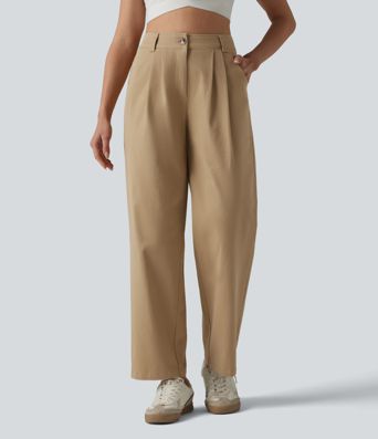 High Waisted Pleated Straight Leg Casual Chino Cotton Pants with Pockets