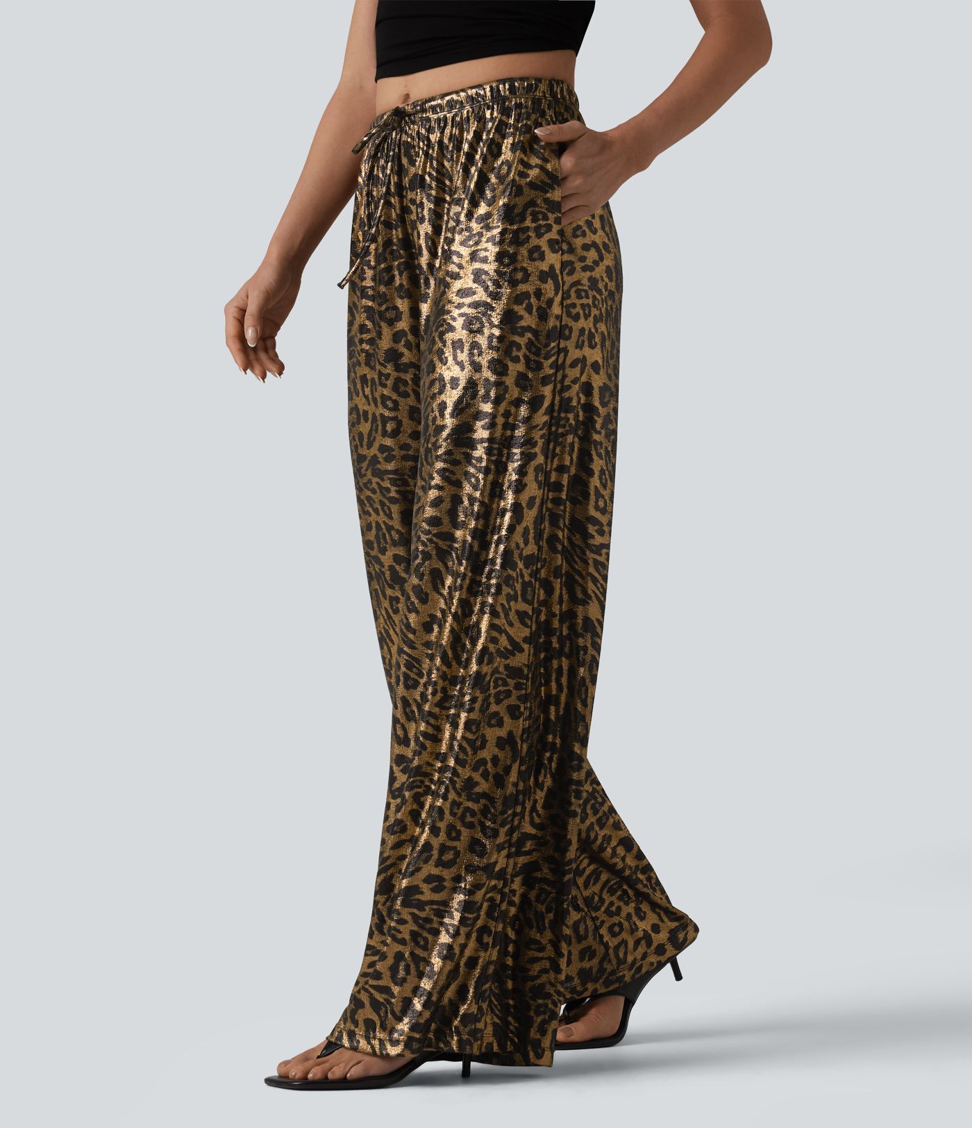 Mid Rise Drawstring Baggy Leopard Print Casual Pants with Pockets