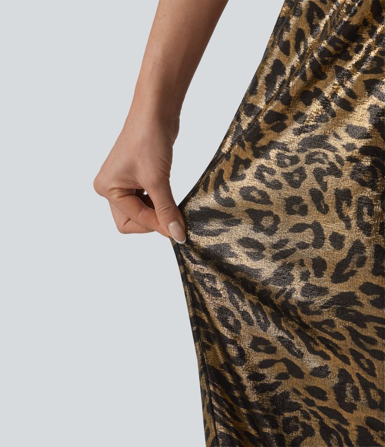 Mid Rise Drawstring Baggy Leopard Print Casual Pants with Pockets