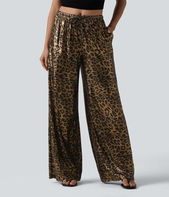 Mid Rise Drawstring Baggy Leopard Print Casual Pants with Pockets