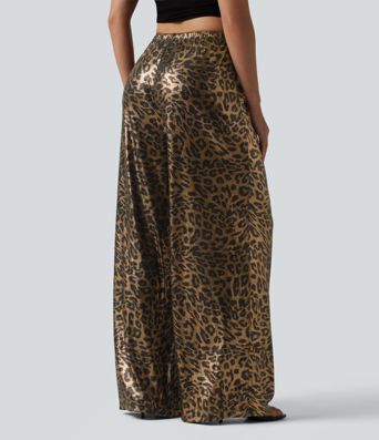 Mid Rise Drawstring Baggy Leopard Print Casual Pants with Pockets