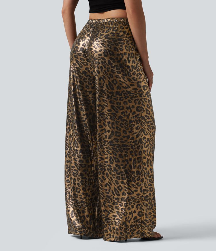 Mid Rise Drawstring Baggy Leopard Print Casual Pants with Pockets