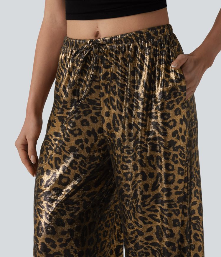 Mid Rise Drawstring Baggy Leopard Print Casual Pants with Pockets