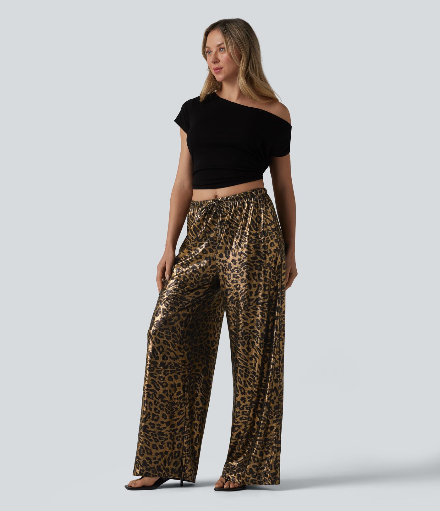 Mid Rise Drawstring Baggy Leopard Print Casual Pants with Pockets