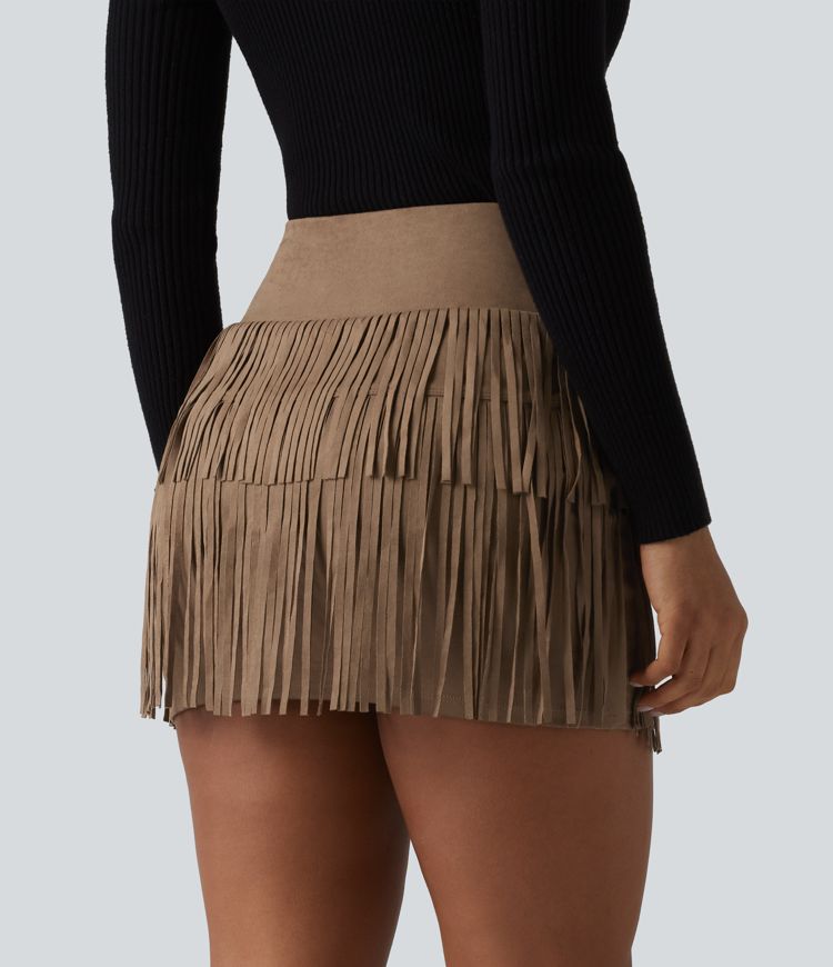 Falda mini bodycon 2 en 1 de ante para fiesta, cintura alta cruzada con bajo de flecos.