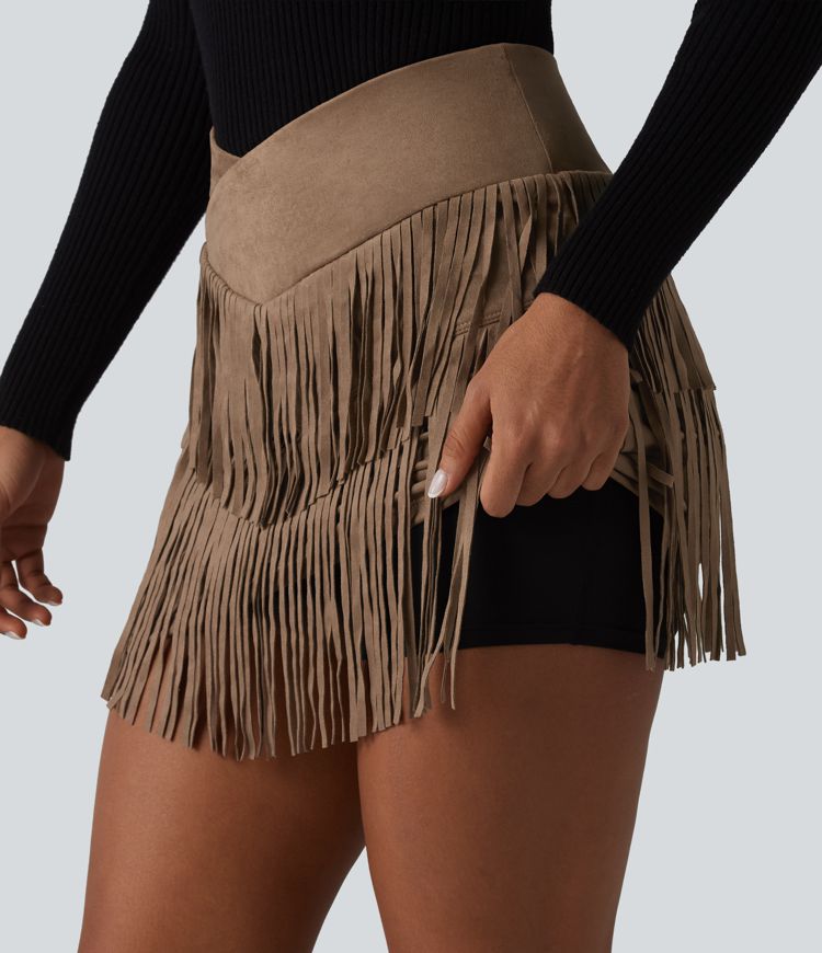 Falda mini bodycon 2 en 1 de ante para fiesta, cintura alta cruzada con bajo de flecos.