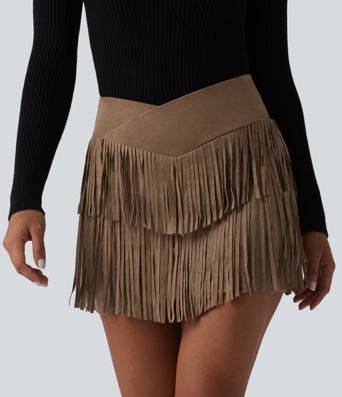 Falda mini bodycon 2 en 1 de ante para fiesta, cintura alta cruzada con bajo de flecos.