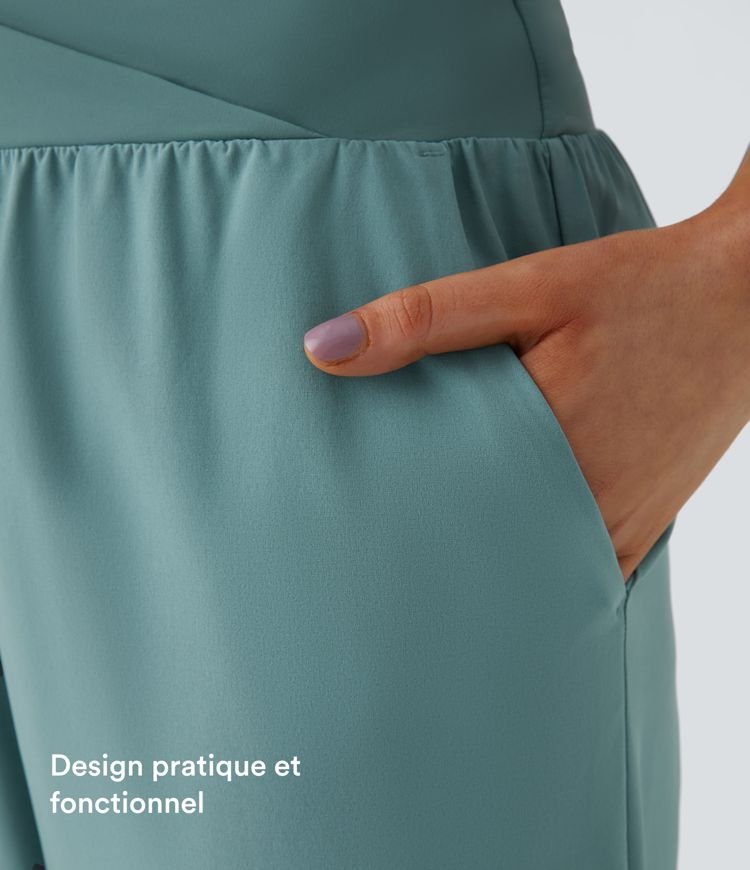 Breezeful™ Pantalon Fluide Vacances Séchage Rapide Taille Haute Croisée Poches Latérales Plissées Fente