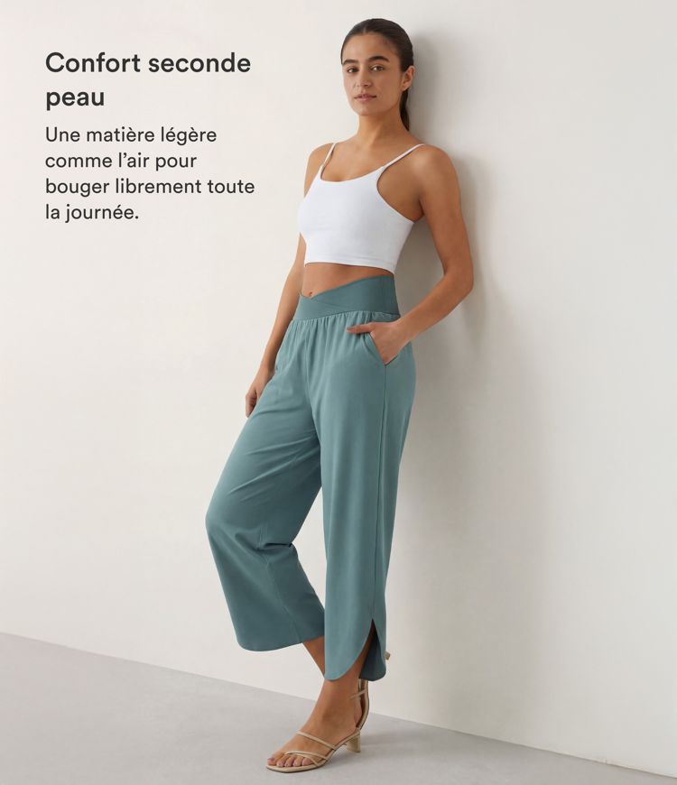 Breezeful™ Pantalon Fluide Vacances Séchage Rapide Taille Haute Croisée Poches Latérales Plissées Fente