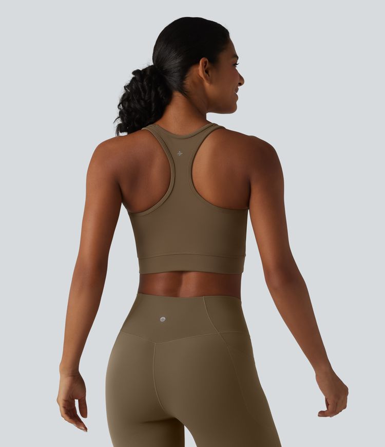 Softlyzero™ Airy - Verkürztes Yoga-Tanktop mit V-Ausschnitt, Racerback, integriertem BH, Cool-Touch und überkreuztem Saum - UPF50+