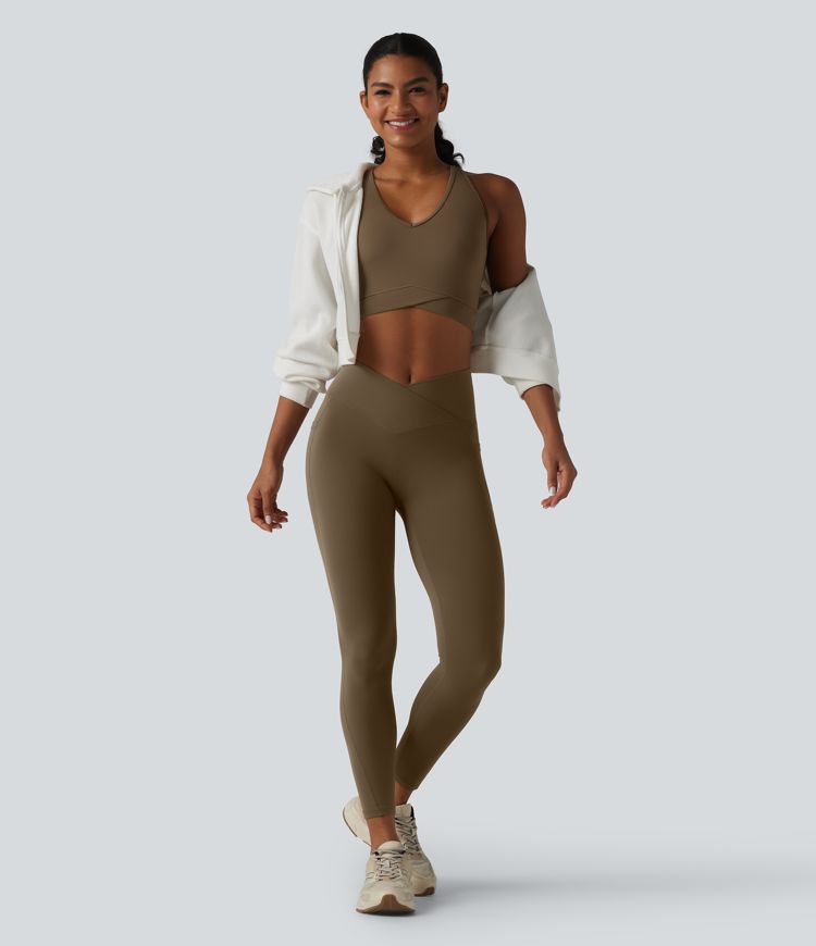 Softlyzero™ Airy - Verkürztes Yoga-Tanktop mit V-Ausschnitt, Racerback, integriertem BH, Cool-Touch und überkreuztem Saum - UPF50+