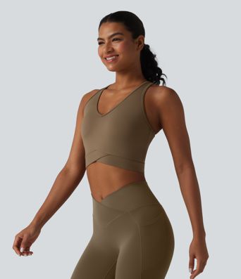 Softlyzero™ Airy - Verkürztes Yoga-Tanktop mit V-Ausschnitt, Racerback, integriertem BH, Cool-Touch und überkreuztem Saum - UPF50+