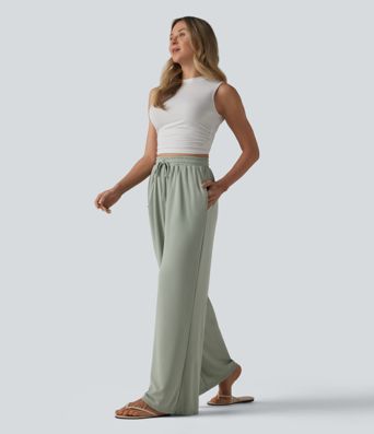 High Waisted Drawstring Baggy Pants with Pockets