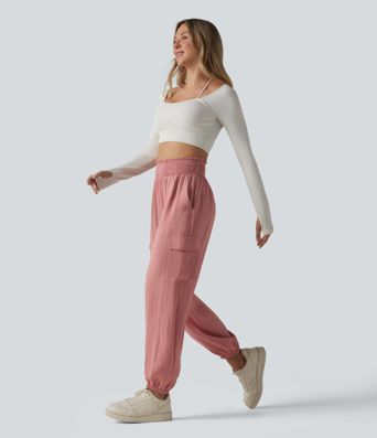 Geraffte Cargo-Jogginghose in Leinenoptik mit hohem Bund und mehreren Taschen