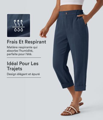 Pantalon capri effet lin taille haute avec poches zippées