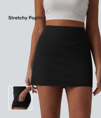 High Waisted 2-in-1 A-line Mini Stretchy Poplin Casual Skirt with Pockets