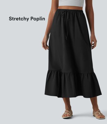 A-Linien-Midirock mit hohem Bund, Kordelzug, Rüschensaum, aus elastischem Popelin, lässig, mit Taschen