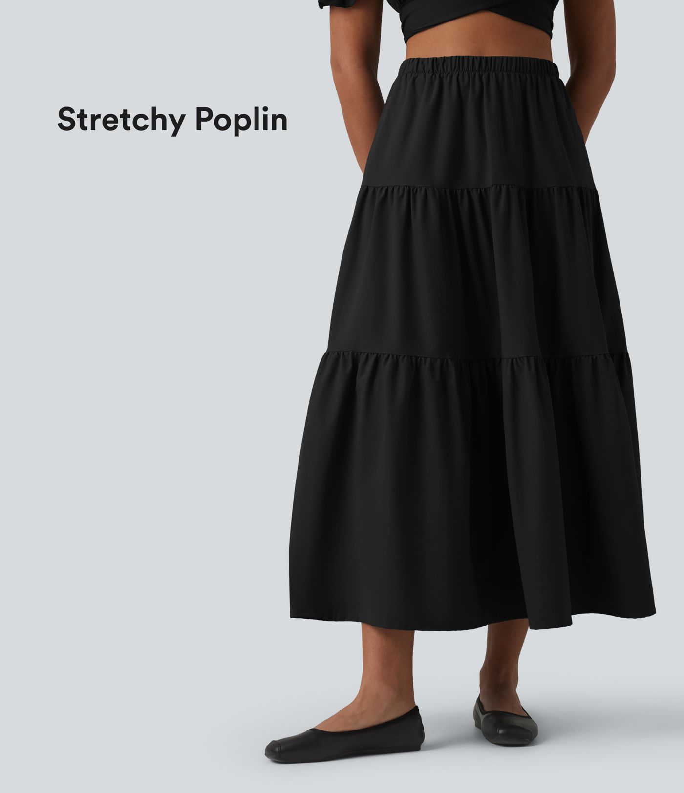 Jupe midi trapèze taille haute en popeline extensible avec poches