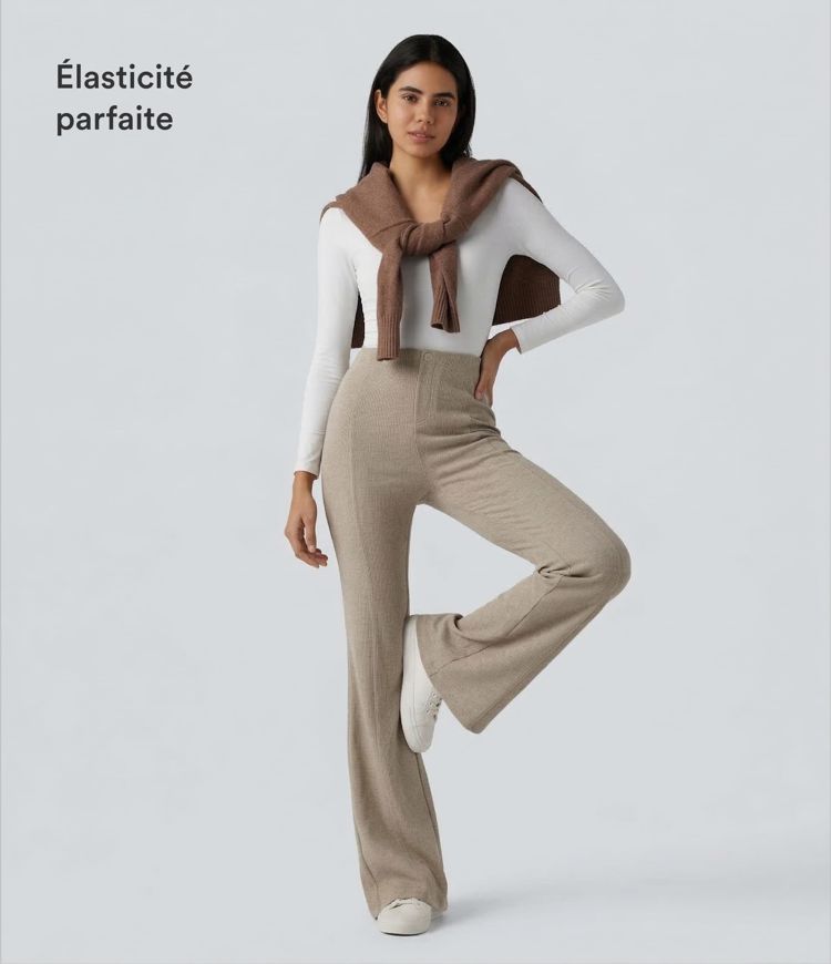 High-waisted casual flared ribbed shaping trousers