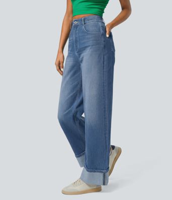 Halara Flex™ High Waisted Pockets Rolled Hem Wide Leg Washed Casual Jeans