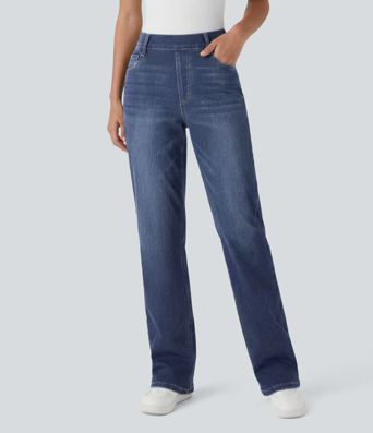 Halara Flex™ High Waisted Pockets Straight Leg Washed Casual Jeans