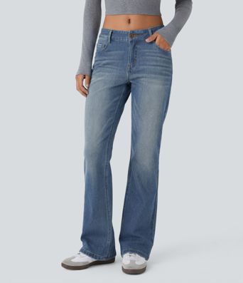 Halara Flex™ Low Rise Zipper Pockets Washed Casual Bootcut Jeans