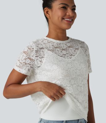Round Neck Short Sleeve Lace 2-in-1 Casual T-Shirt