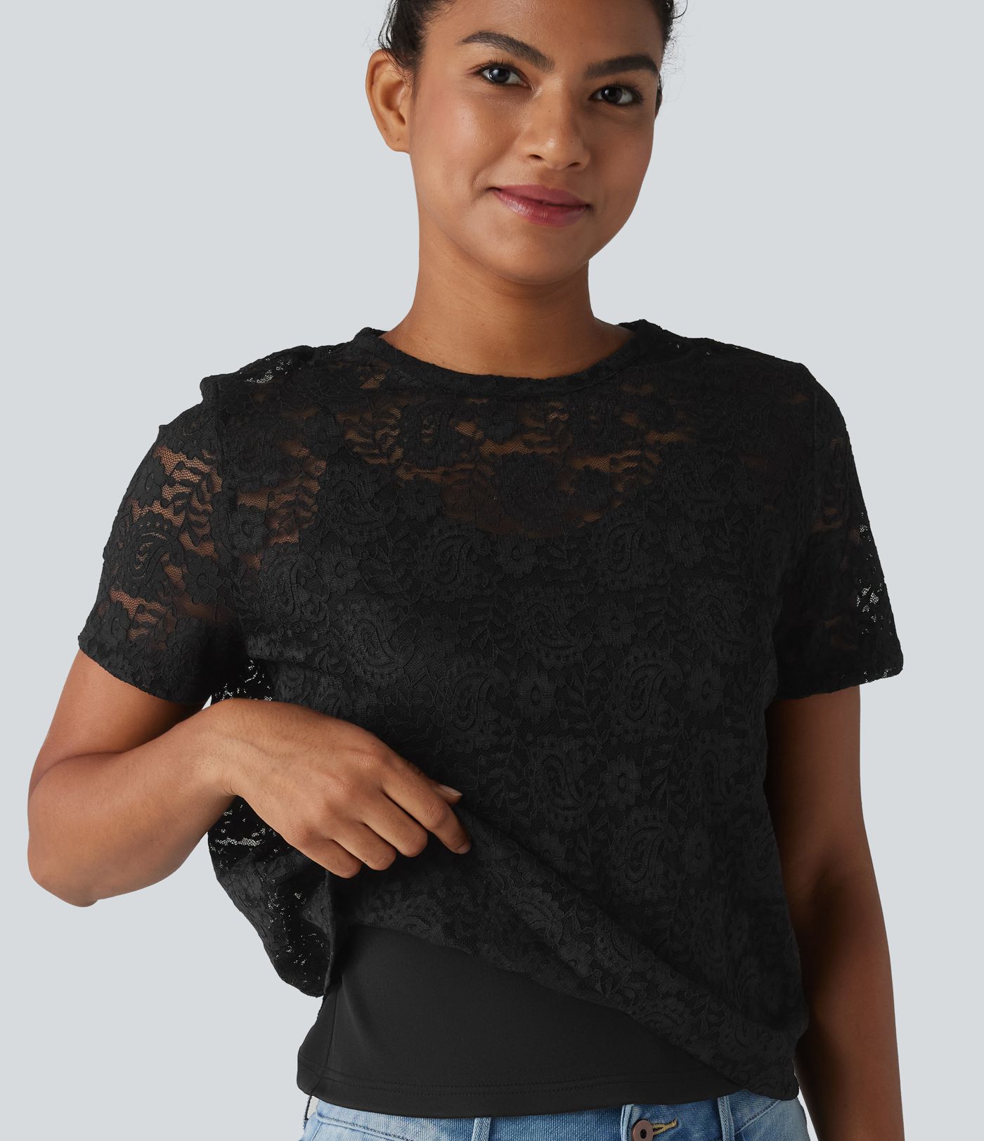Round Neck Short Sleeve Lace 2-in-1 Casual T-Shirt