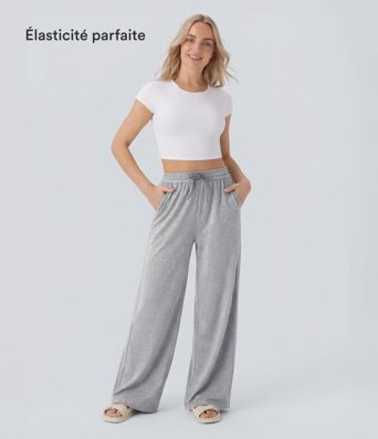 Wide-leg, casual, high-waisted trousers with drawstring and side pockets