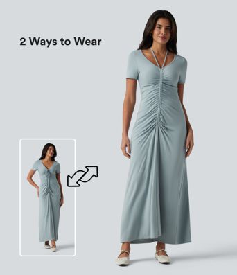 Robe longue casual col V manches courtes avec cordon de serrage et fronces