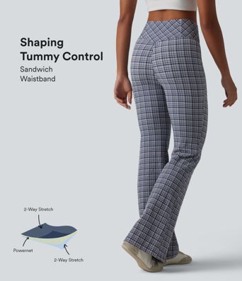High Waisted Crossover Tummy Control Plaid Crinkle Quick Dry Flare Casual Pants with Pockets