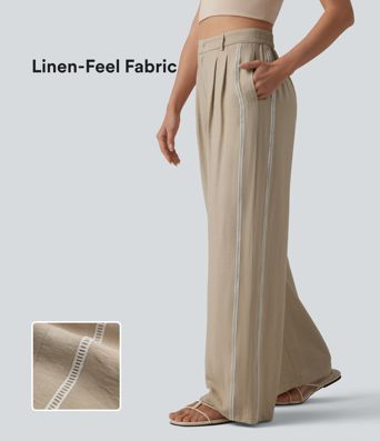 Pantalon large fluide décontracté taille haute color block aspect lin avec poches